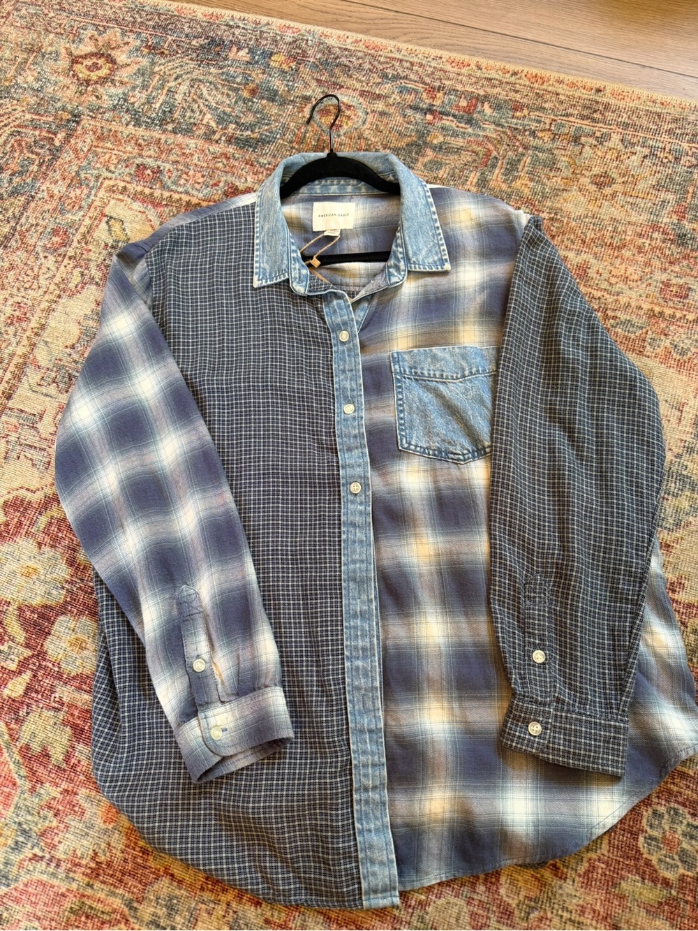 American Eagle Outfitters Mixed Plaid Button Up Patchwork Blue Shirt